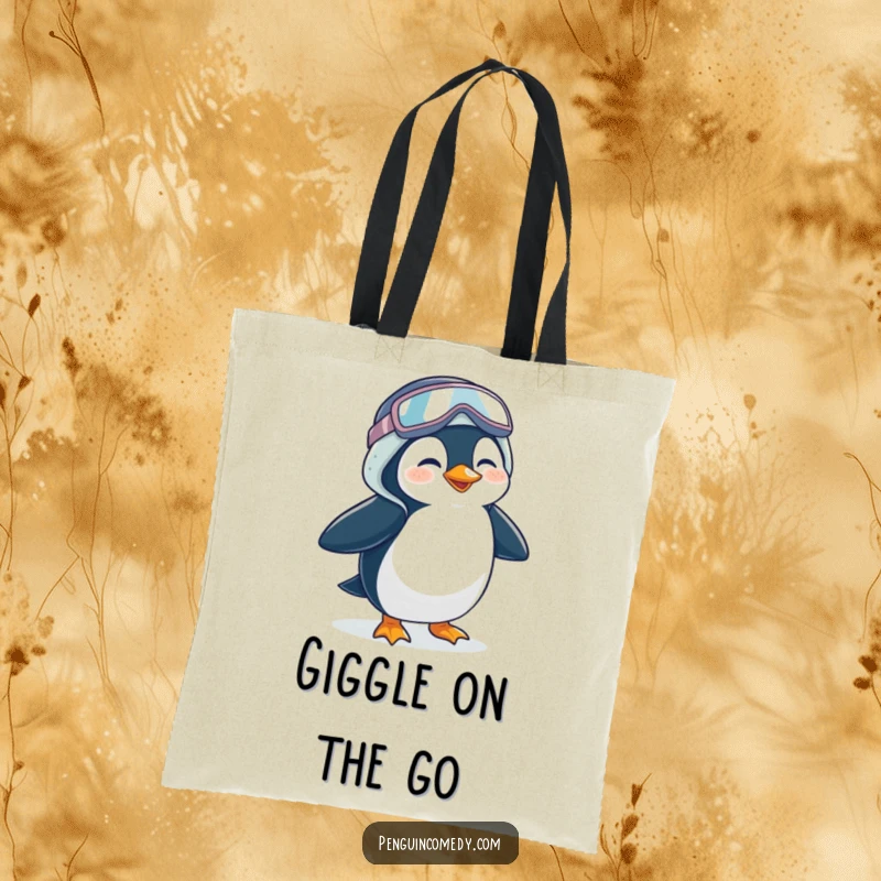 Funny Penguin Tote Bag: A whimsical tote featuring a giggling penguin waddling in oversized galoshes, perfect for carrying items with humor.