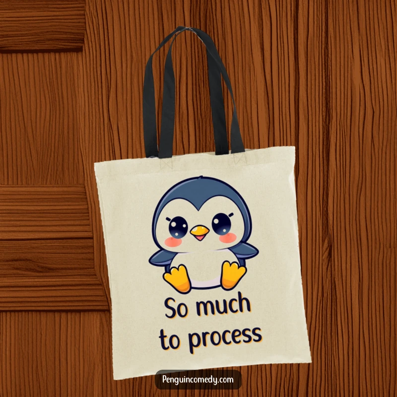 Funny tote bag showcasing a startled penguin, ideal for shopping and carrying essentials, a humorous gift.