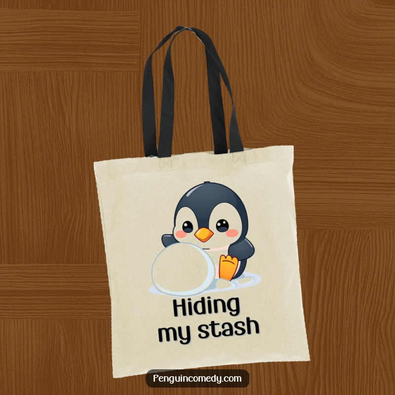 Funny tote bag featuring a mischievous penguin peeking from behind a snowball, great for everyday use, a gift.