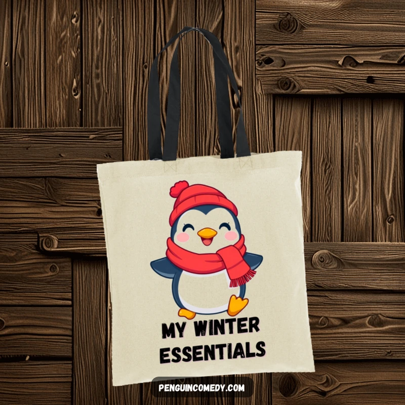 Funny penguin scarf tote bag, a cheerful bird holding a red scarf, ready for winter adventures while carrying your items.